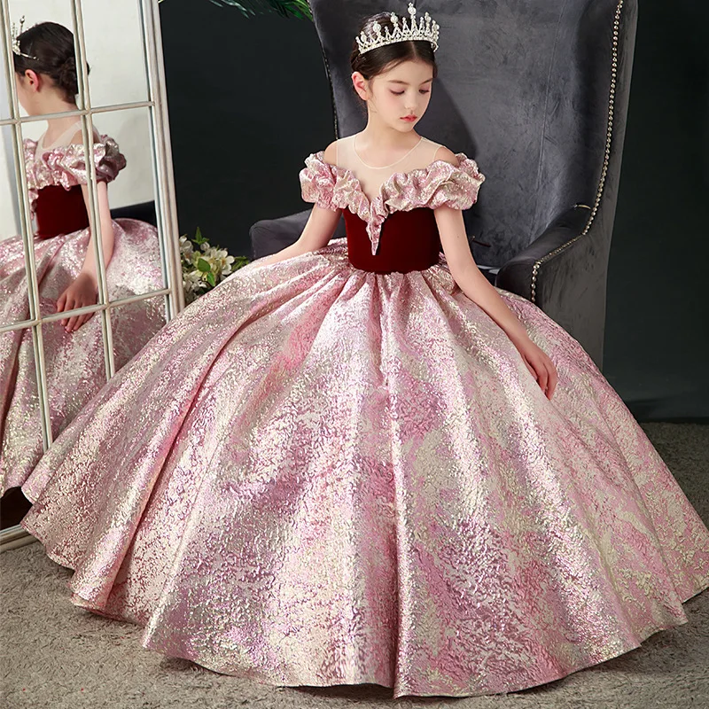 Top Rank Court Style Long Tail Princess Flower Girl Wedding Birthday Party Dresses For Teenager Kids Prom Floor Length Designs