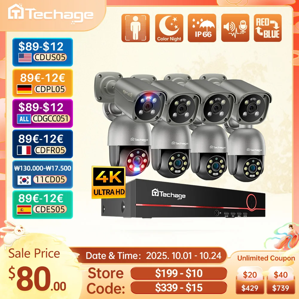 

Techage 8CH 8MP 5MP Система камер безопасности Ночное видение Обнаружение человека POE PTZ Камера Наружная система видеонаблюдения P2P