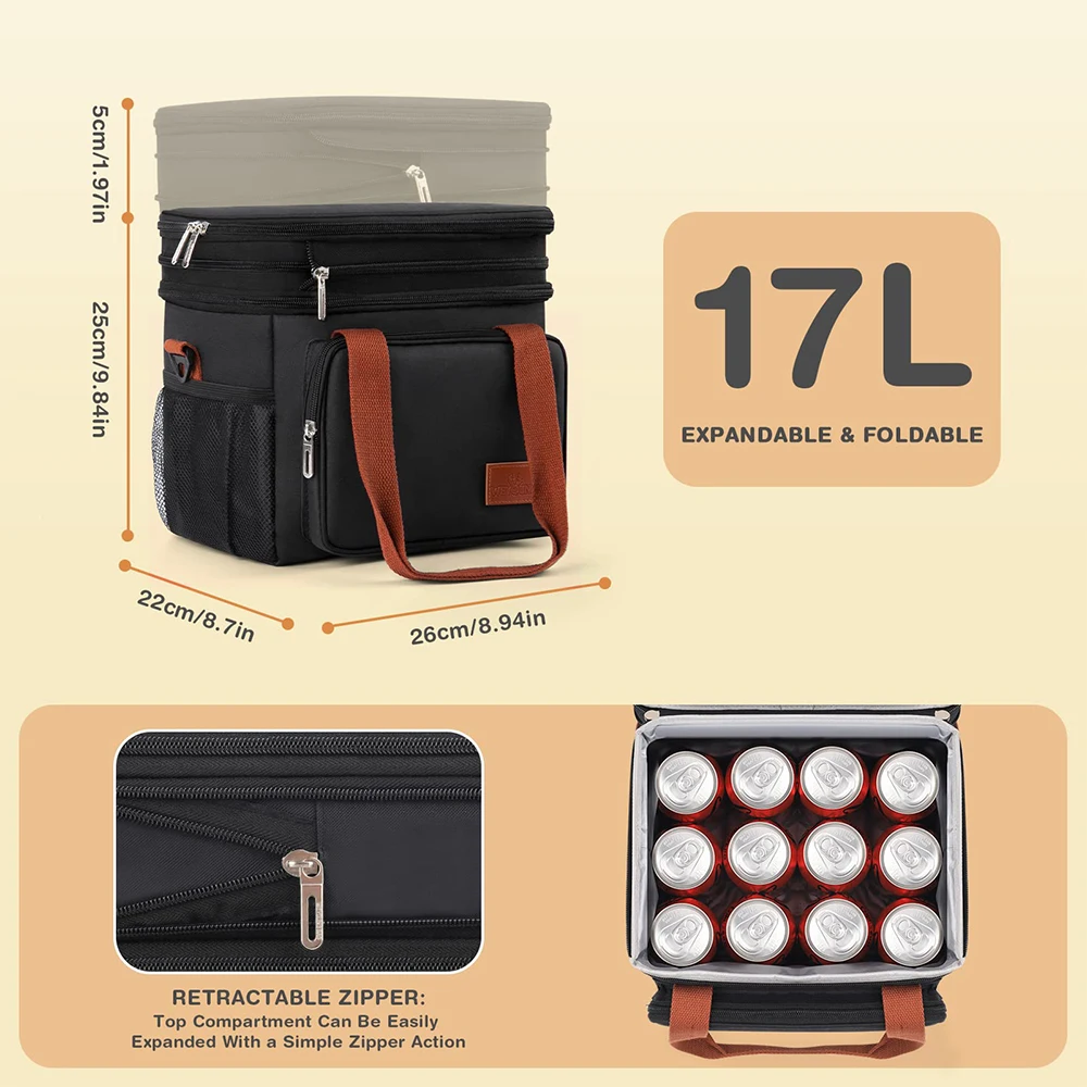 Expandable Insulated Large Lunch Box Double Deck Heavy Duty Lunch Bag Leakproof Cooler Bags for Work Shift Flight Beach Daytrip