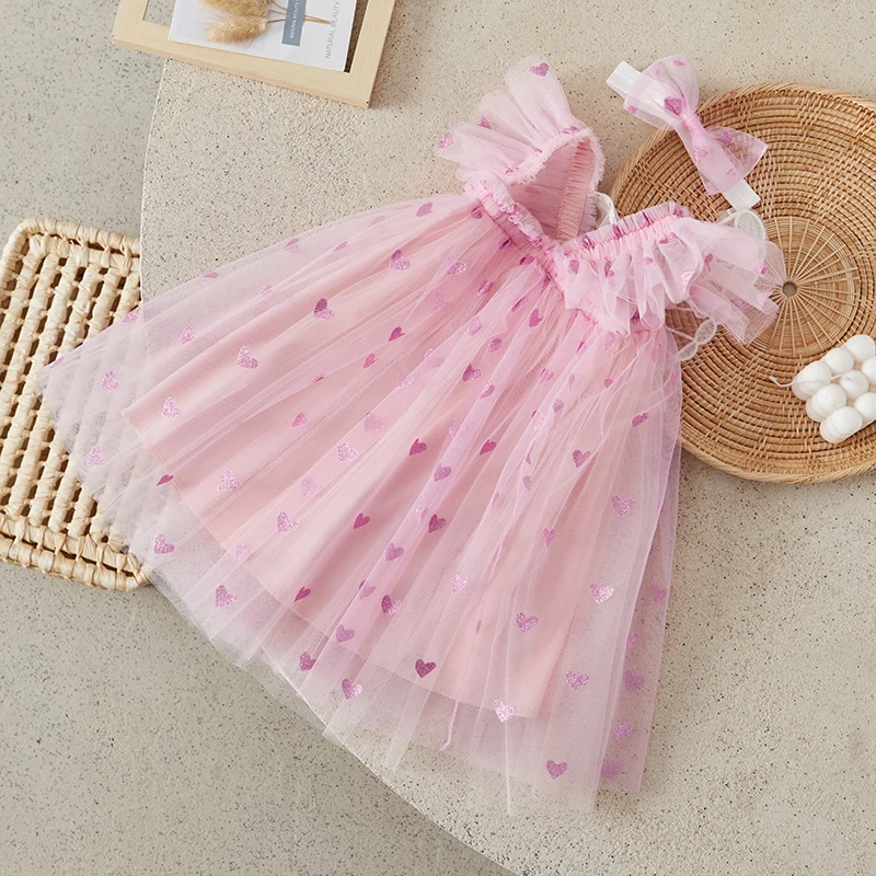 Suefunskry Girls Valentine's Day A-line Dress, Fly Sleeve Shiny Heart Butterfly Party Dress Summer Tulle Dress