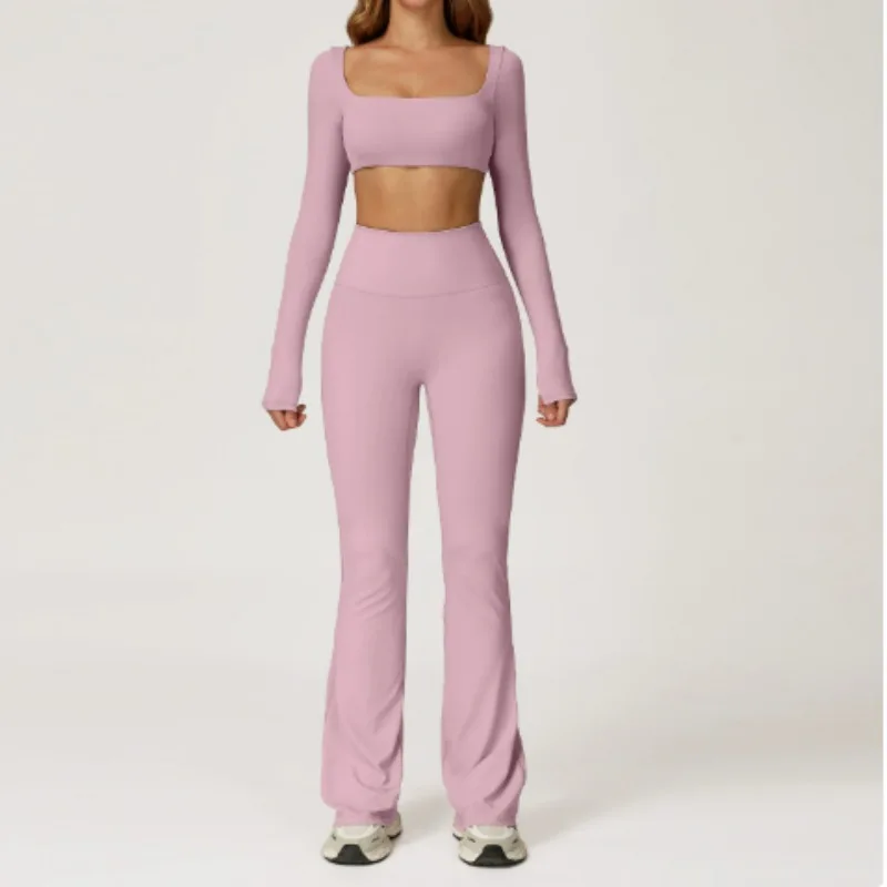 Women Tracksuit Gym Yoga Suit 2PCS Tight Fitting Sports Set Workout Breathable T Shirts Bra Tank Top Loose Bell-bottoms Leggings