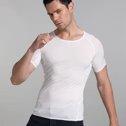 Camiseta de seda gelo masculina, manga curta, sem costura, gola redonda, top musculação, camiseta fina, elástica, respirável, camiseta, pulôver, verão