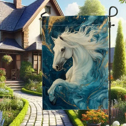 Majestic White Horse Ocean Themed Garden Flag, Blue Swirling Waves, 12x18 Inch RRI