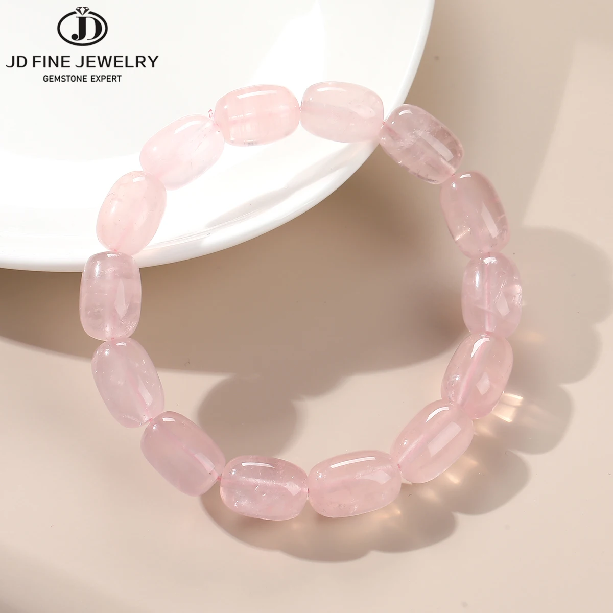 

JD Natural Stone Madagascar Ice Rose Quartz Barrel Shape Beads Bracelet Women Charm Reiki Healing Energy Stretch Bangles Female