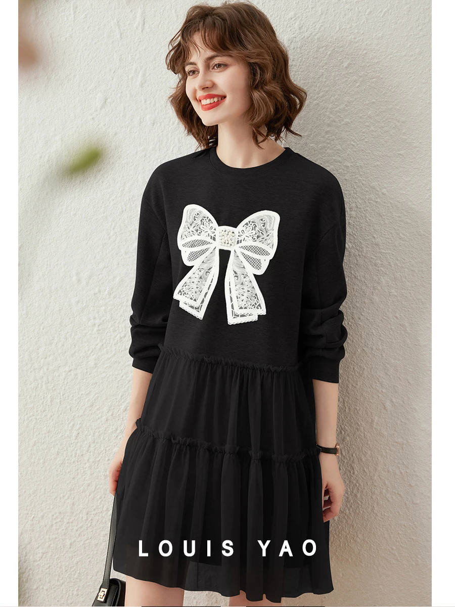 

LOUIS YAO Women Mesh Patchwork Sweatshirt Dress Round Neck 2023 Autumn Sweet Butterfly Bow Patch Embroidered Long-sleeve Dress