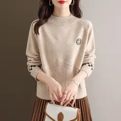 Suéteres de cuello redondo para mujer, jersey de manga larga con estampado de hilo de rosca de Color sólido, Tops informales de punto, primavera y otoño, novedad de 2023