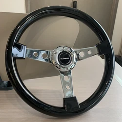 Classic ABS Black Wooden Steering Wheel Universal Racing Car Chrome Silver Spoke Classic Wood Grain Steering Wheel