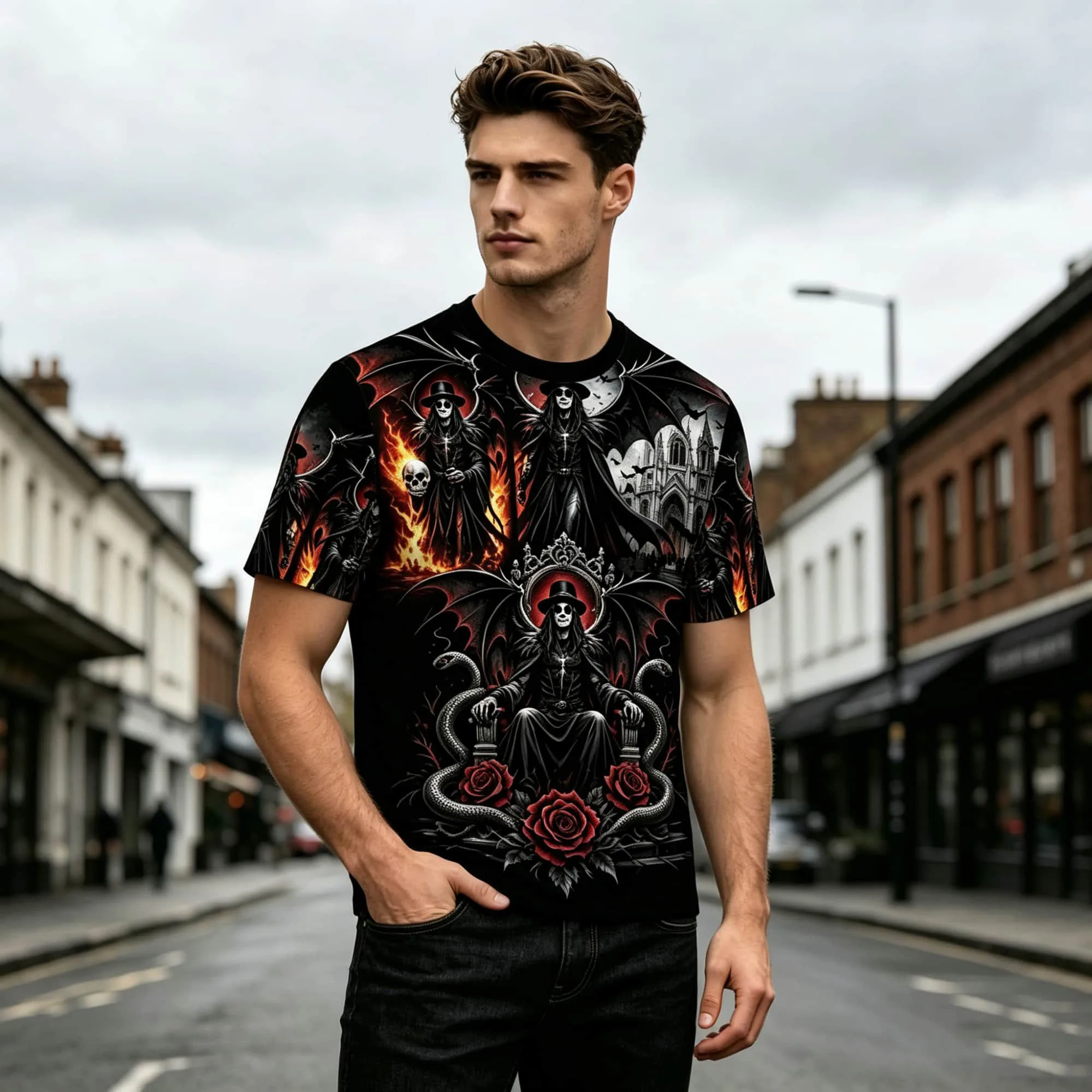 Dark Fantasy T Shirt Men Oversized Horror Skeleton Graphic Tee Retro Witchcraft Evil Wing Printing Tops Summer Clothes