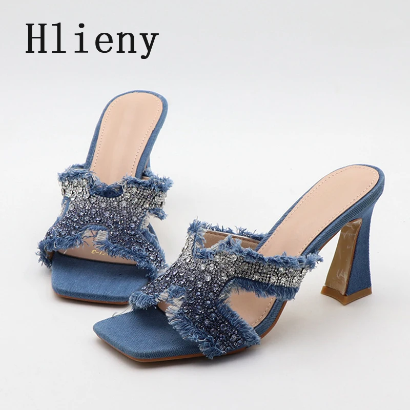 Hlieny Summer Street Style Denim Crystal Square Toe Slippers Woman Fashion High Heels Slides Ladies Sandals Party Shoes Size 42