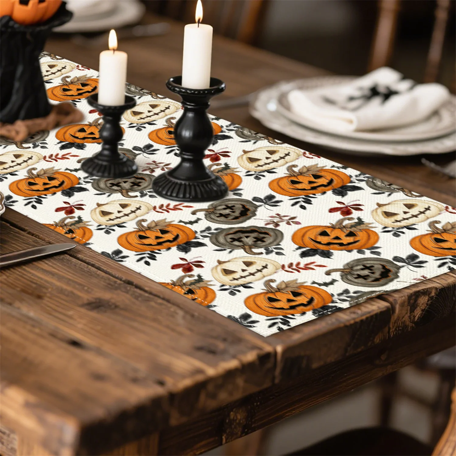 Halloween Table Runner Spooky Pumpkin & Ghost Design Black Background with White Boo Text  Seasonal Fall Decor for Home & Party