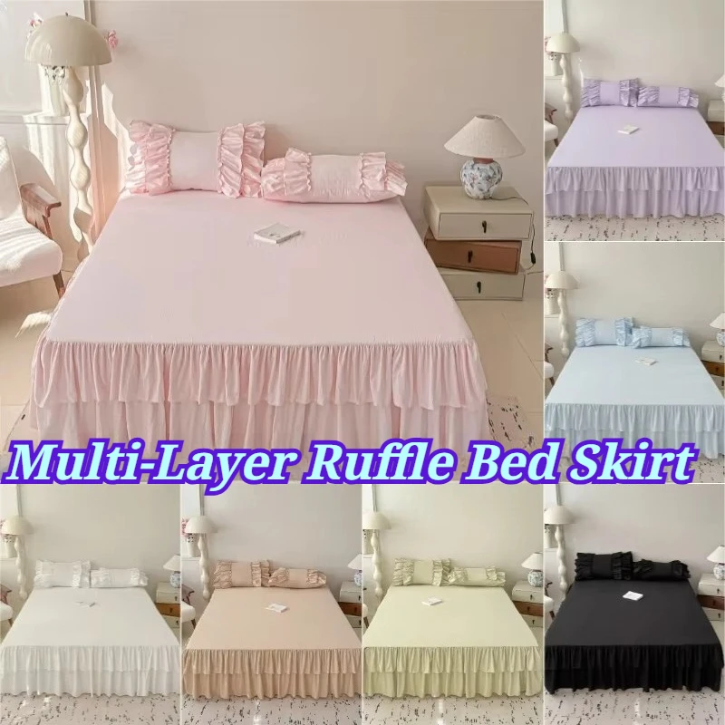 Korean Princess Style Bed Skirt Multi‑Layer Ruffle Bed Cover Shiny Fabric Bedspread for Full Queen King Size Bedroom Decor