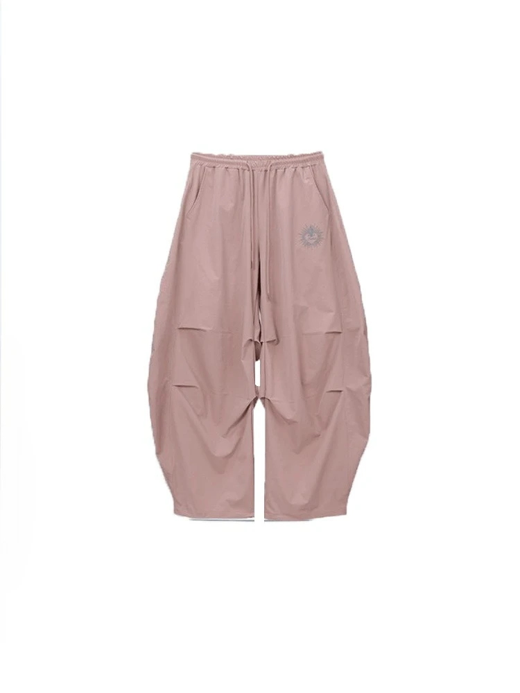 HOUZHOU Y2k Graphic Women Parachute Pants Pink Harajuku Hip Hop Style Oversized Trousers Pleated Wide Leg Pants Black Streetwear