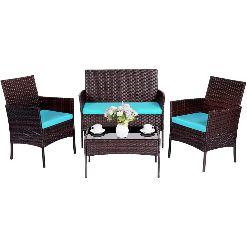 

4 Pieces Patio Furniture Set, Conversation Sets Outdoor Wicker Rattan Chairs Loveseat with Soft Cushion and Tempered Glass Table