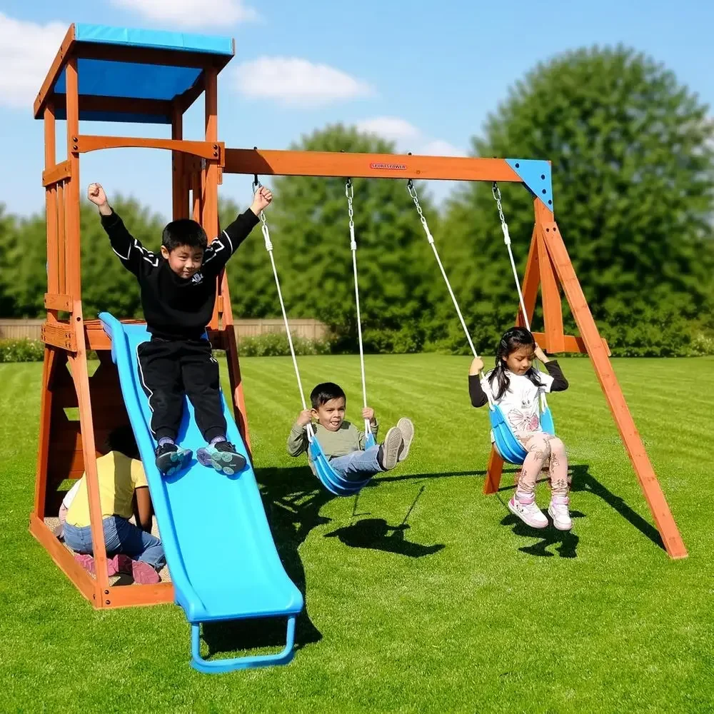 Outdoor Grand Teton CeWooden Swing Playset: 2 Swings, ort, Sandbox, Ladder, 6t Slide & Ground Anchor Kit