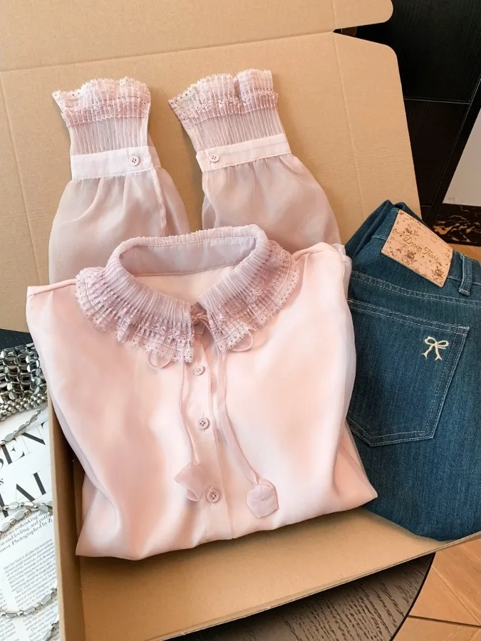 

Spring 2026 Women's Lace Trim Blouse Bubble Sve Belted Faionable Korean Sle Knitted irt Medium Thin Regular Fit