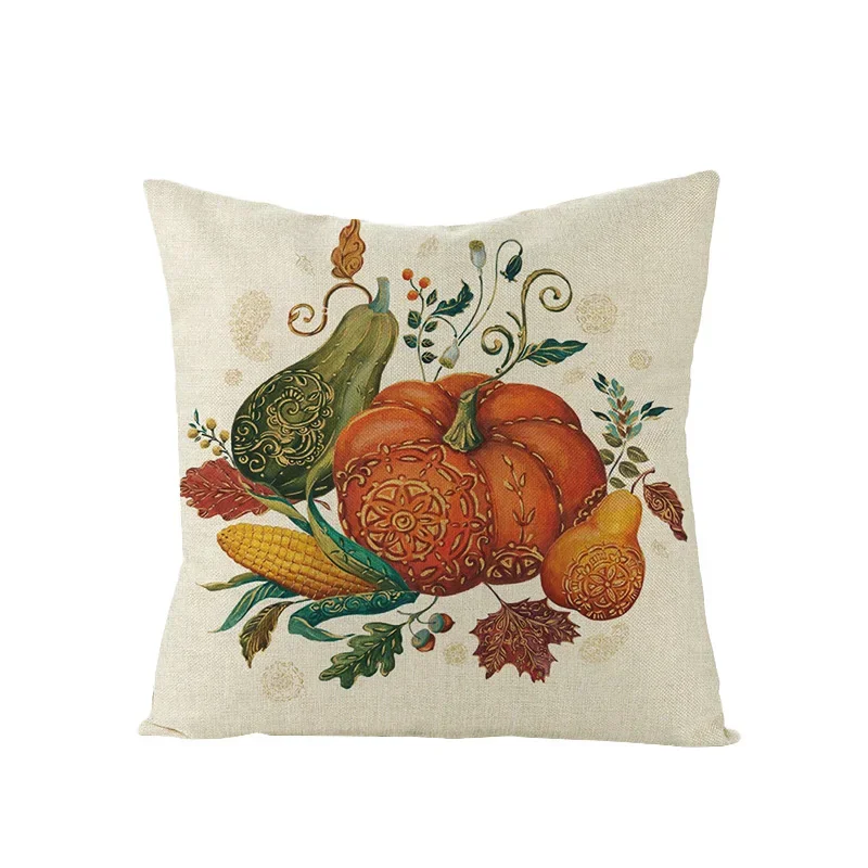 Autumn Throw Pillow Covers Thanksgiving Day Decorative Pumpkin Cushion Cover 18x18 Inches Fall Harvest Printed Linen Pillowcase