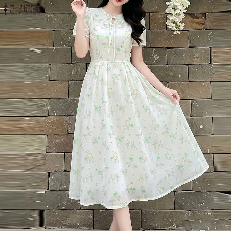 

ZANZEA Bohemain Floral Printed Dresses Summer Women Short Sleeve Holiday Beach Sundress Midi Dress Casual Lace-Up Work Vestidos