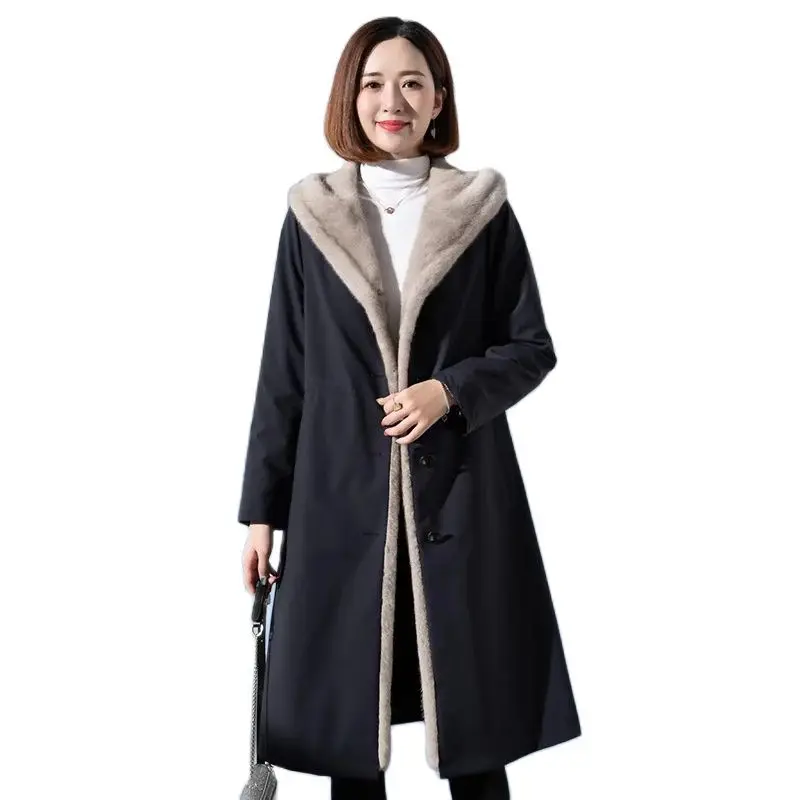 

Outdoor Two-sided Wear Parkas Women Faux Mink Fur Liner Coats Winter Hooded Long Nick Overcoat Windproof Warm Outerwear 2 Length