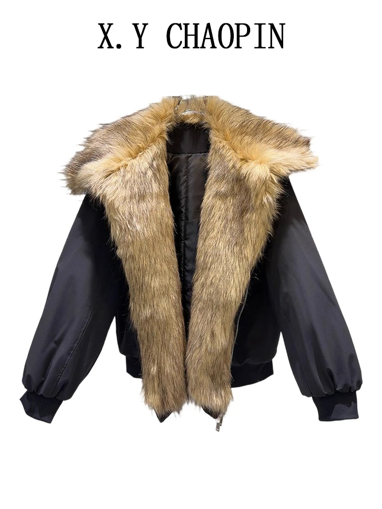 

Korean Sle Thiened Cotton Jaet Women's New 2025 Winter Splicing Fur Loose Warm Bla Cotton Coat with Hood Zipper ket