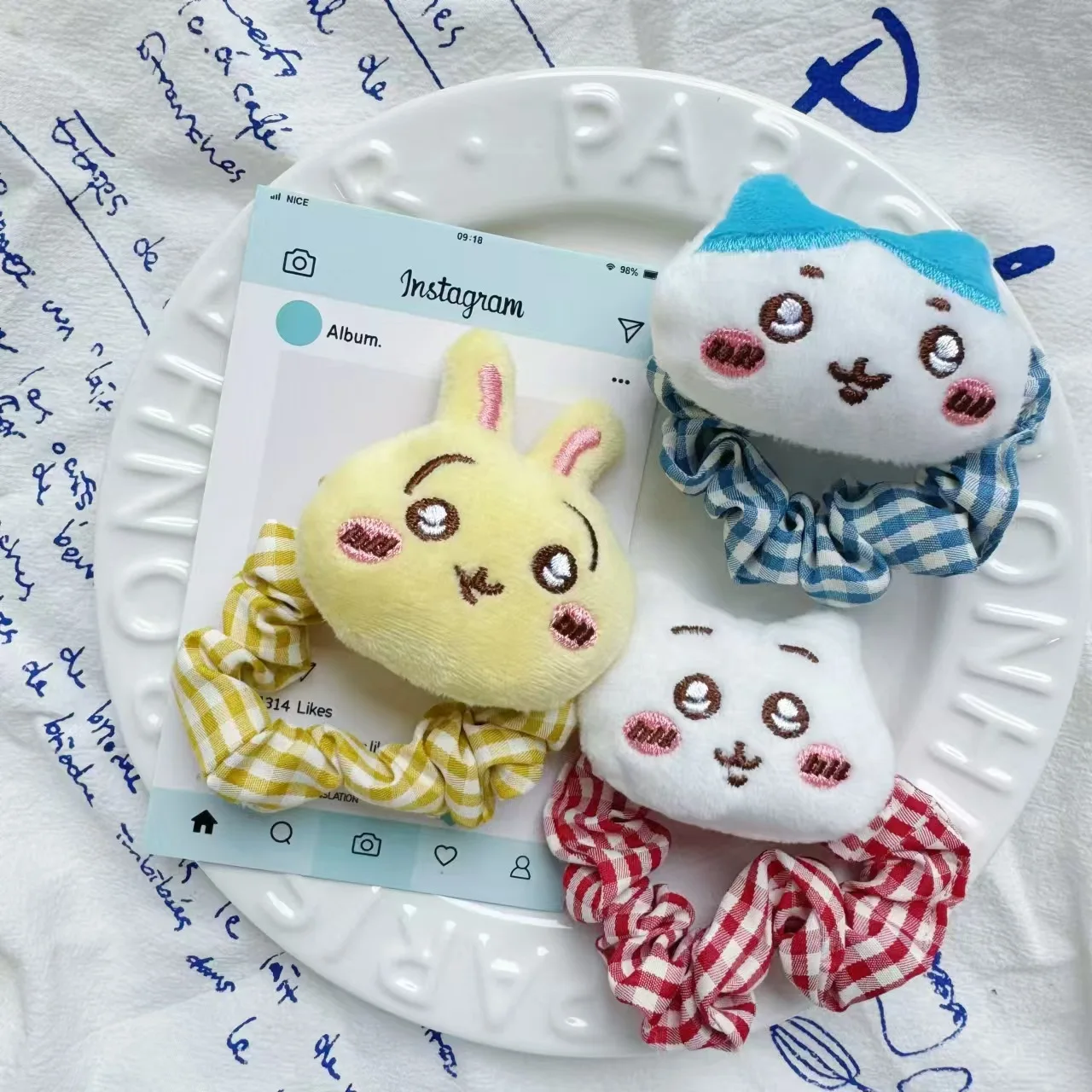 3pcs Sanrio Cute Chiikawa Checkered Hair Hoop Hair Rope Plush Doll Headrope