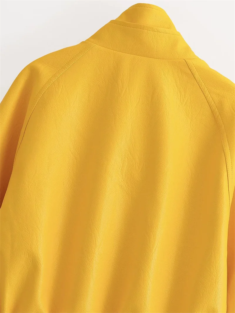 Guobioziy Women's Jacket 2026 Fall New Arrival Yellow Long-Sleeve Stand Collar Loose Faux Leather Jacket Parka Biker Style