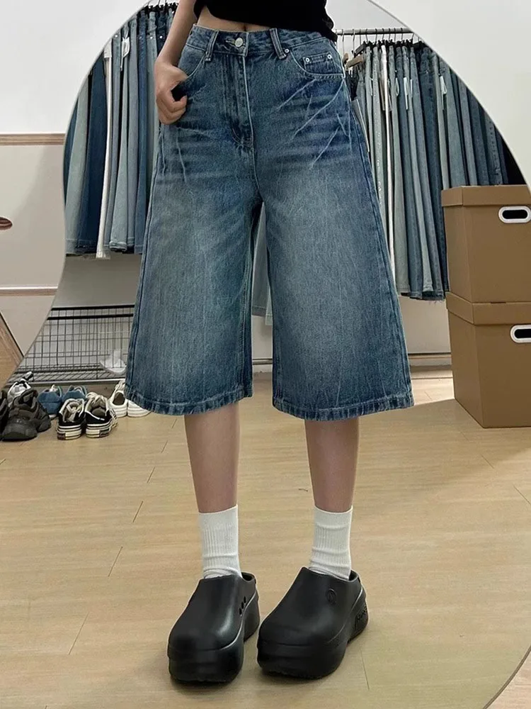 Lose hohe Taille blau American Sle Seven-Five Denim Hosen Damen Herbst Plus Size gerades Bein weites Bein mittlere Hosen