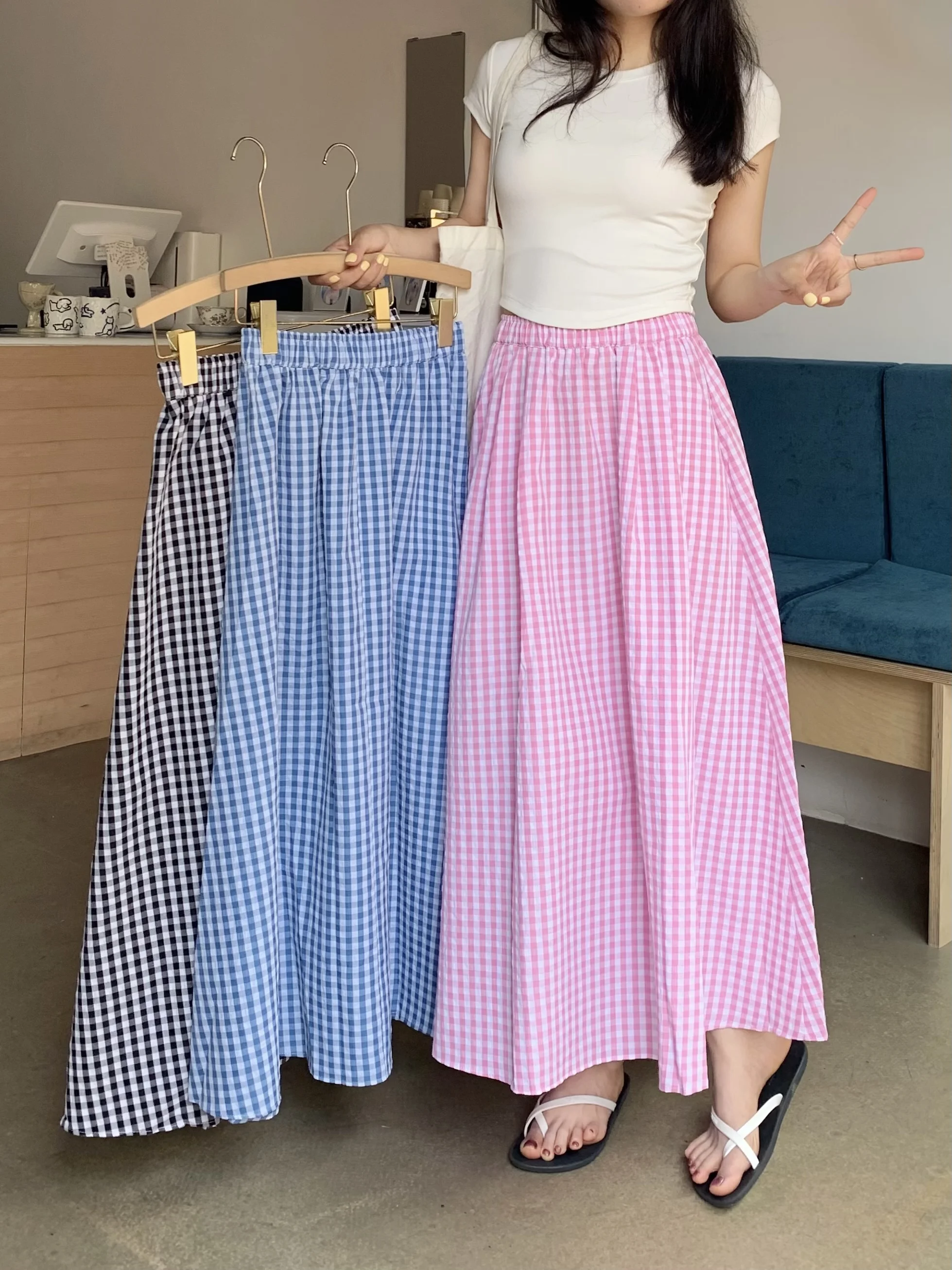 

3Colors Midi Skirts Women High Elastic Waist Long Skirts For Womens 2024 Summer Women's Plaid A Line Long Skirts Female (JzA371