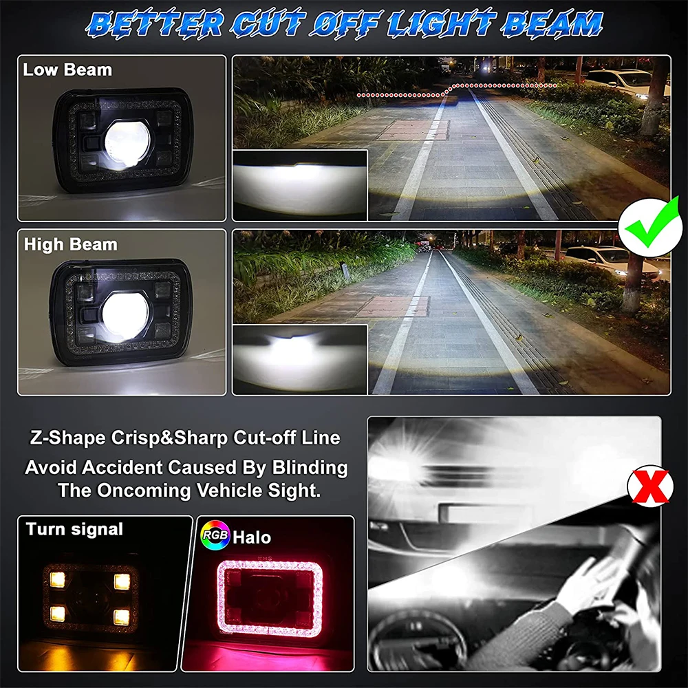 5x7 Inch Square Headlights RGB DRL 2Pcs Compatible with Jeep Wrangler YJ Cherokee XJ GMC Toyota Nissan Ford Truck