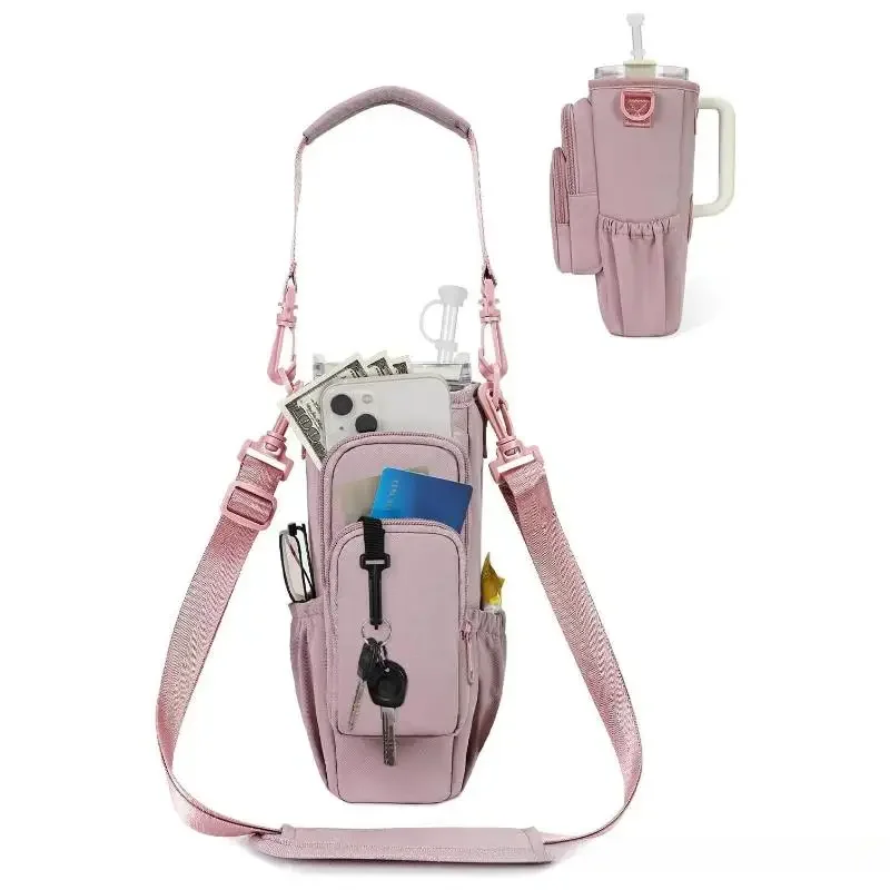 Adjustable Crossbody Tumbler Sling Bag With Phone Pocket Fit 30oz 40oz Anti-Spill Water Bottle Carrier For Camping Beach Walking