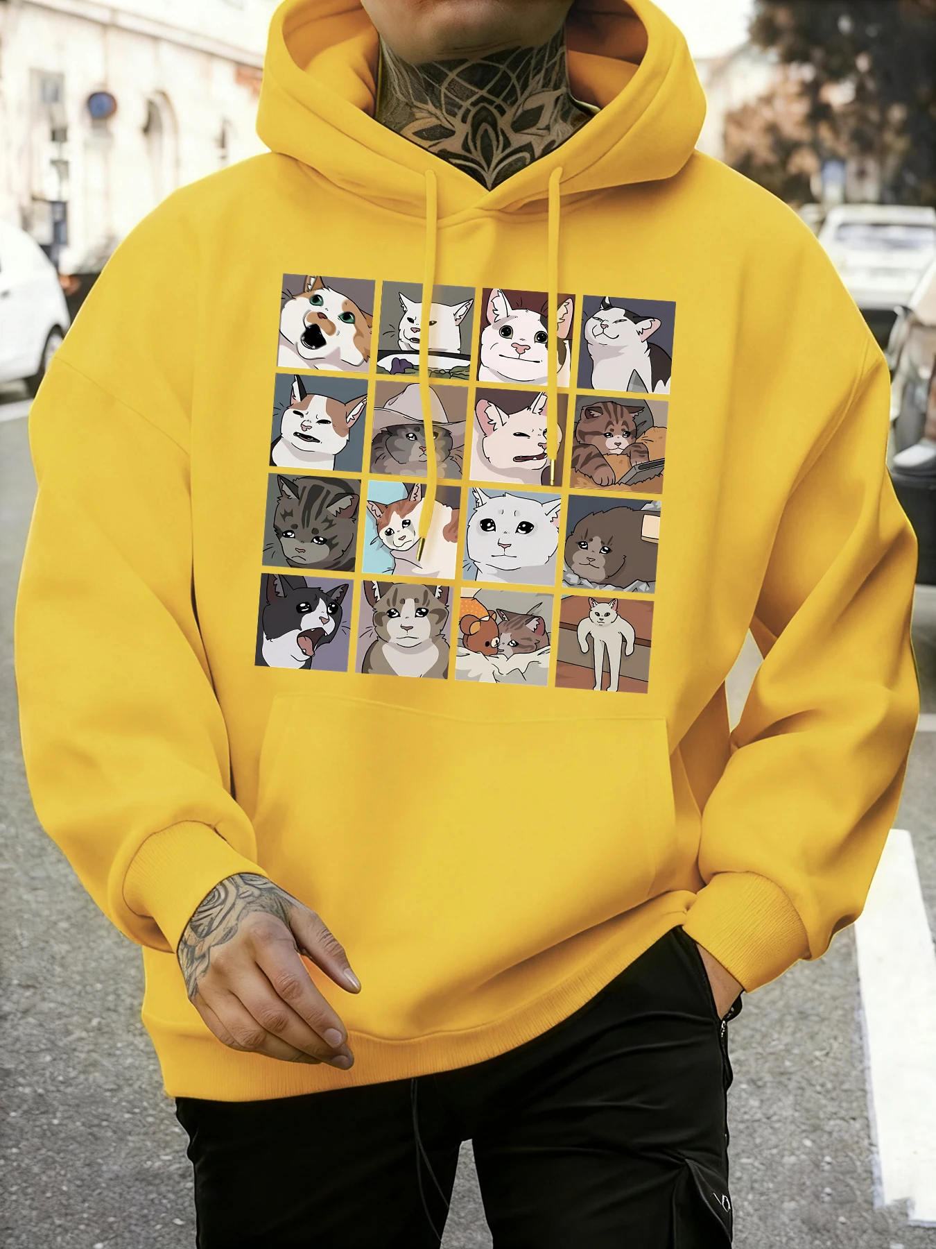 

Мужская толстовка с принтом Meme Cats 2,0, мягкая свободная толстовка с капюшоном, флисовая теплая винтажная одежда, осенние простые базовые толстовки унисекс