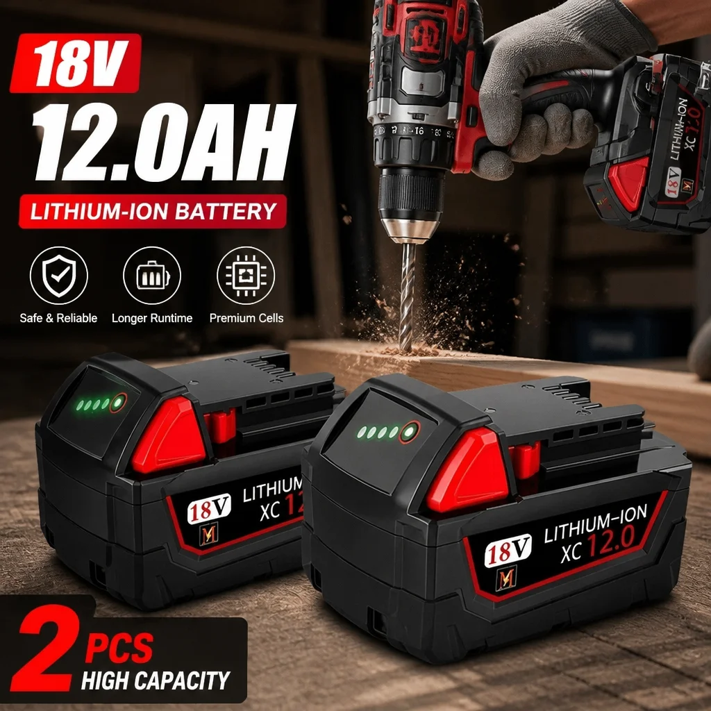 M18 18V 12Ah Rechargeable Lithium Battery For Milwaukee Power Tools M18B5-XC Spare Battery With Dual Charger Option