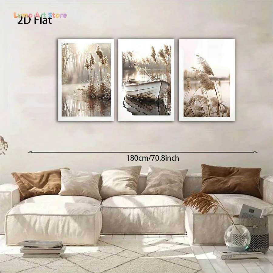 2D Flat, 3pcs Unframed Canvas Painting, Realistic Style Brown River Boat and Reed Canvas Painting for Living Room, Halloween Ch