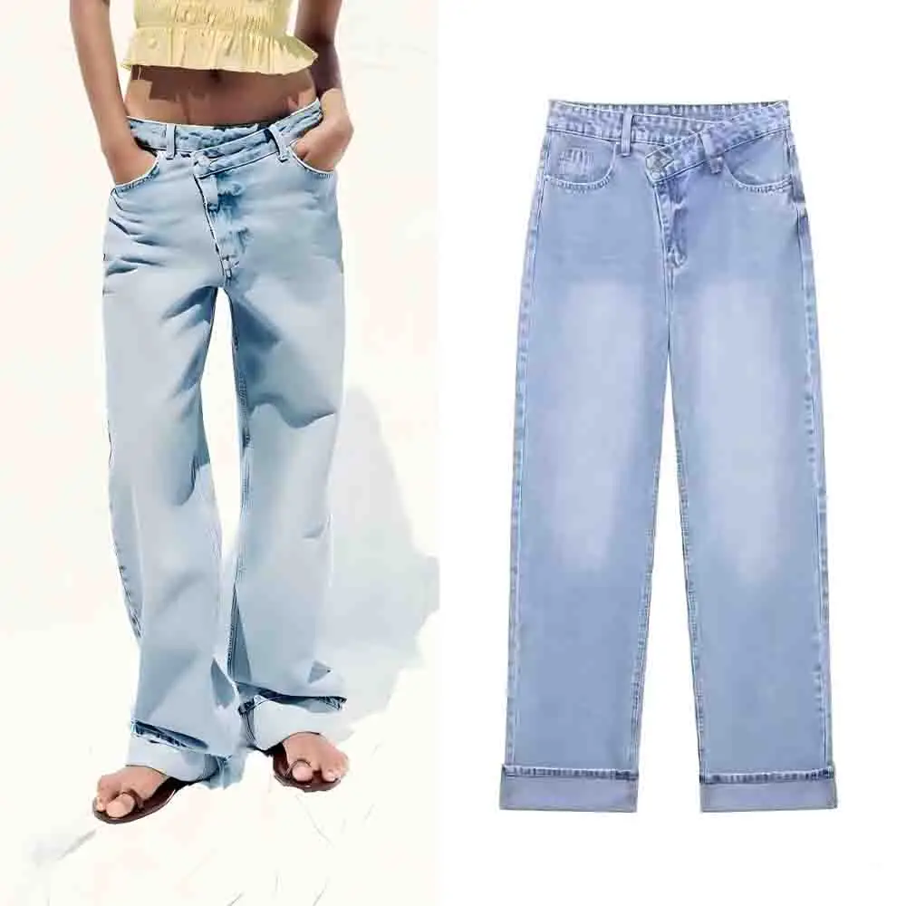 

Women's new fashion asymmetrical waist design casual high waisted straight jeans retro side pocket women's jeans