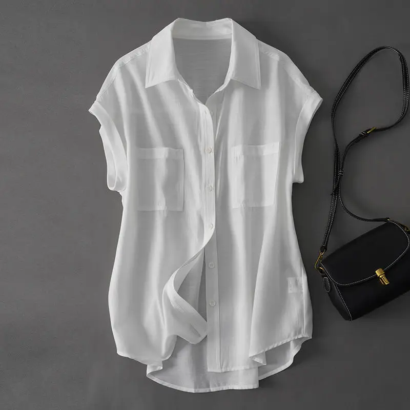 2024 New Simplicity Office Lady Summer Solid Color Women\'s POLO Collar Pockets Fashion Versatile Single Breasted Shirt Tops