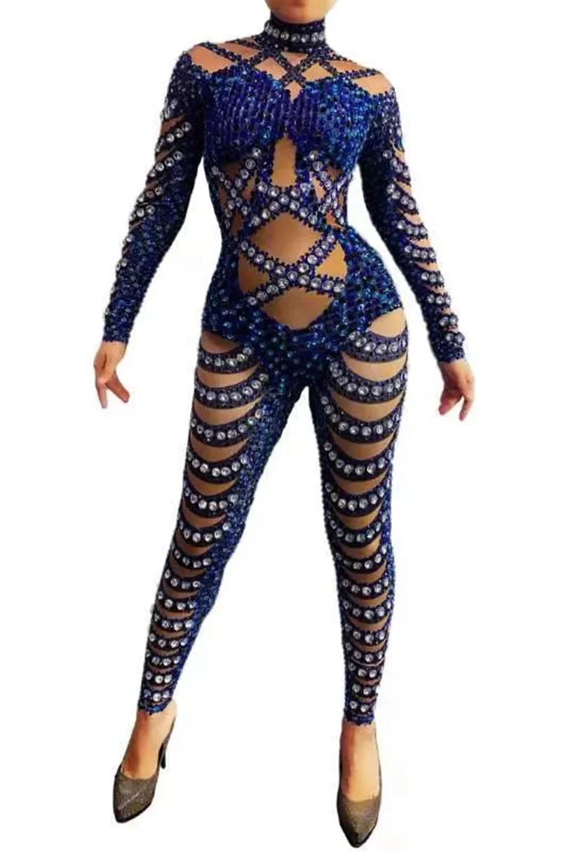 

Luxury Rhinestone Transparent Long Sleeve Jumpsuit Women Evening Prom Party Birthday Celebrate Dancer Outfit Lady Stage Wear