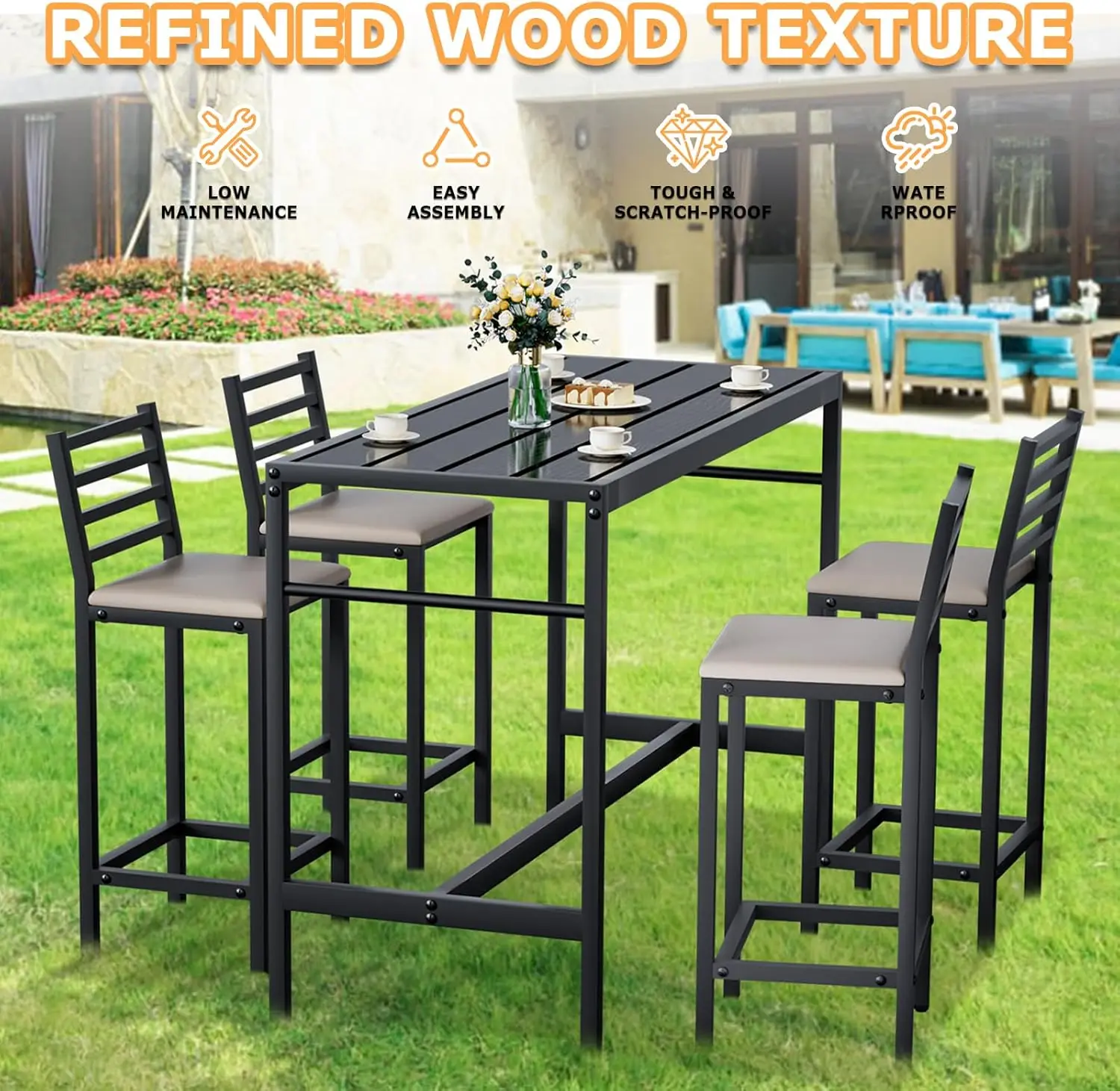 Customizable 5 Piece Outdoor Patio Bar Set,Height High Top Bar Table Patio Bar Set, For Poolside, Balcony, Backyard, Porch