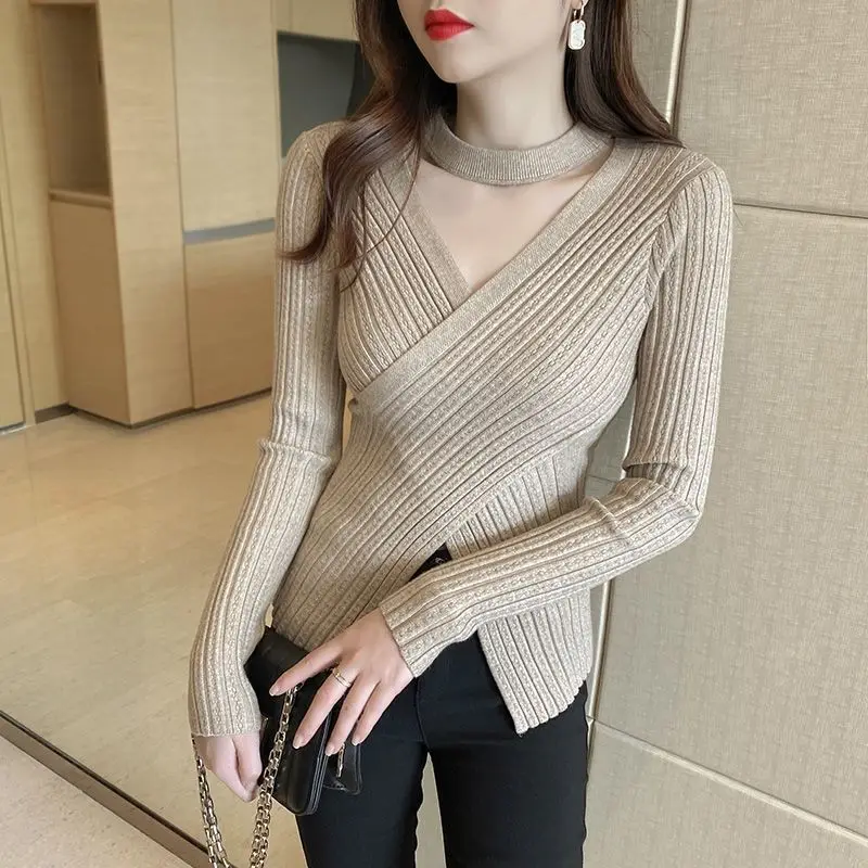 Women Autumn and Winter Korean New V-Neck Pullover Knit Bottom Shirt Irregular Spliced Fitted Sweater Long Sleeve Tops