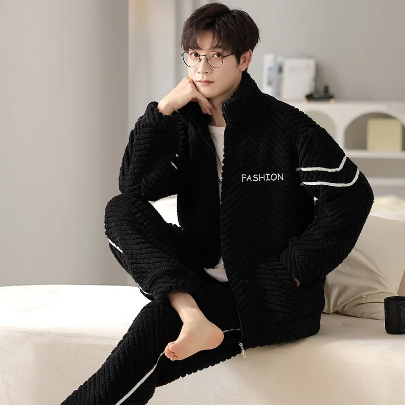 Winter Zipper Flannel Men's Pajamas Thicken Coral Fleece Casual Simple Loose Loungewear set Young Boy Warm Pjs pyjama homme