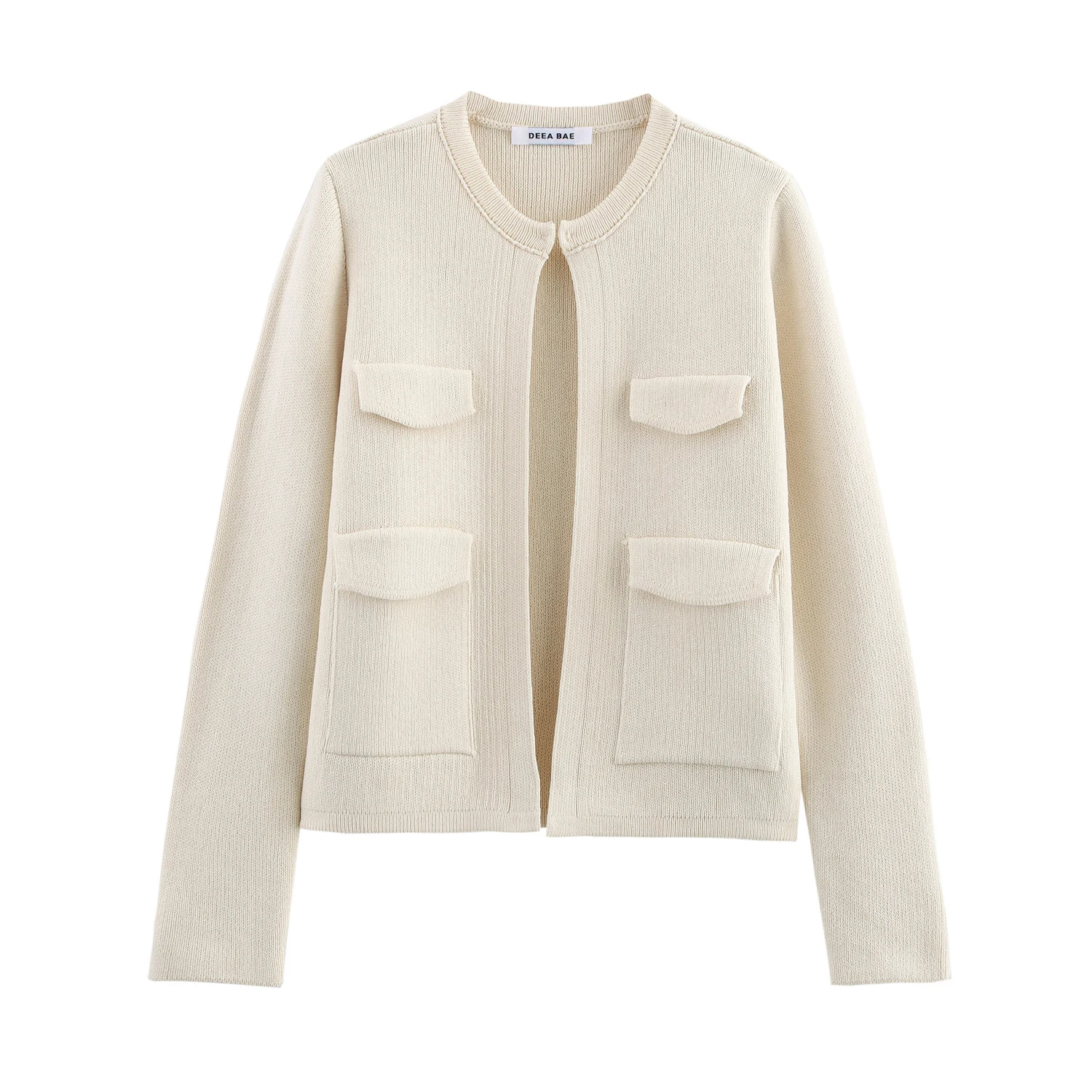Europäischer und amerikanischer Stil, neue Damen-Strickjacke mit Taschenverzierung, Rundhalsausschnitt und langen Ärmeln für den Frühling.