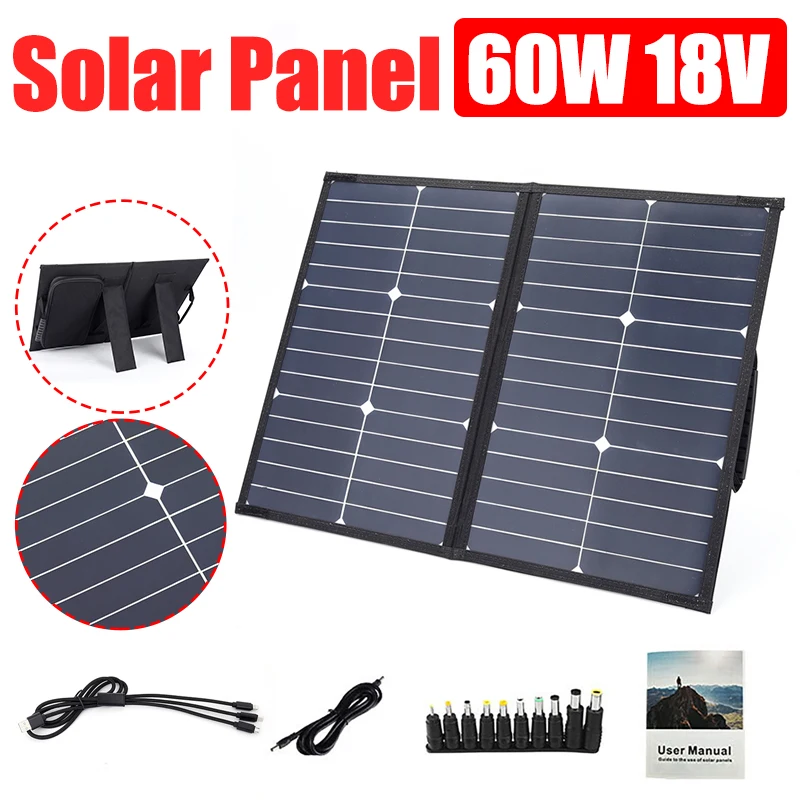 panel solar portatil de 18v y 60w impermeable usb para exteriores mais tipo c mais carga de salida cc para telefono camping al aire libre viajes emergencia 01