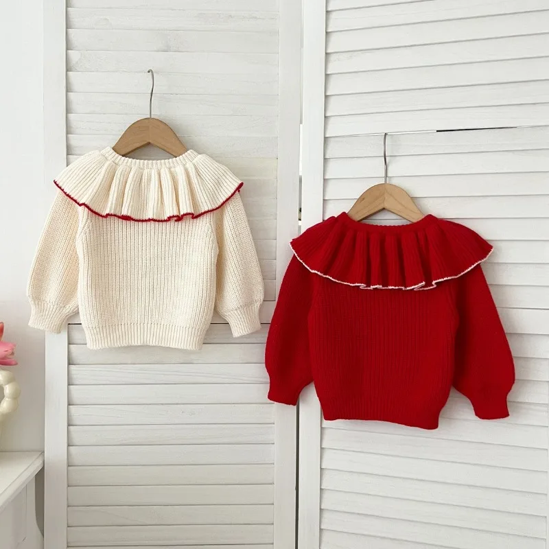 2025 New Autumn Baby Girls Sweater Coat Long Sleeved Solid Newborn Baby Girls Big Collar Knitting Cardigan Toddler Knit Jacket