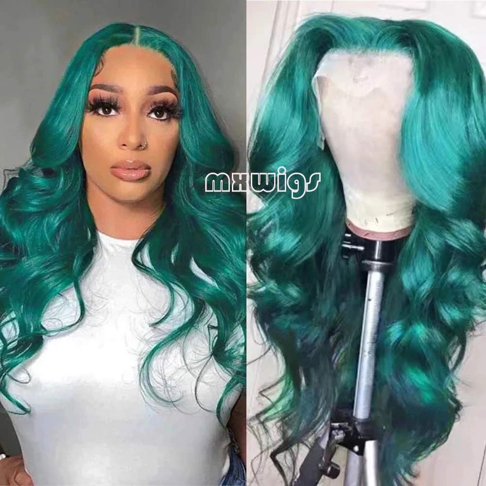 MXWIG Synthetic Hair Wave 13X4 Dark Green Lace Front Wigs For Women  Lace Frontal Wigs Pre Plucked Hairline With Baby Hair Wig