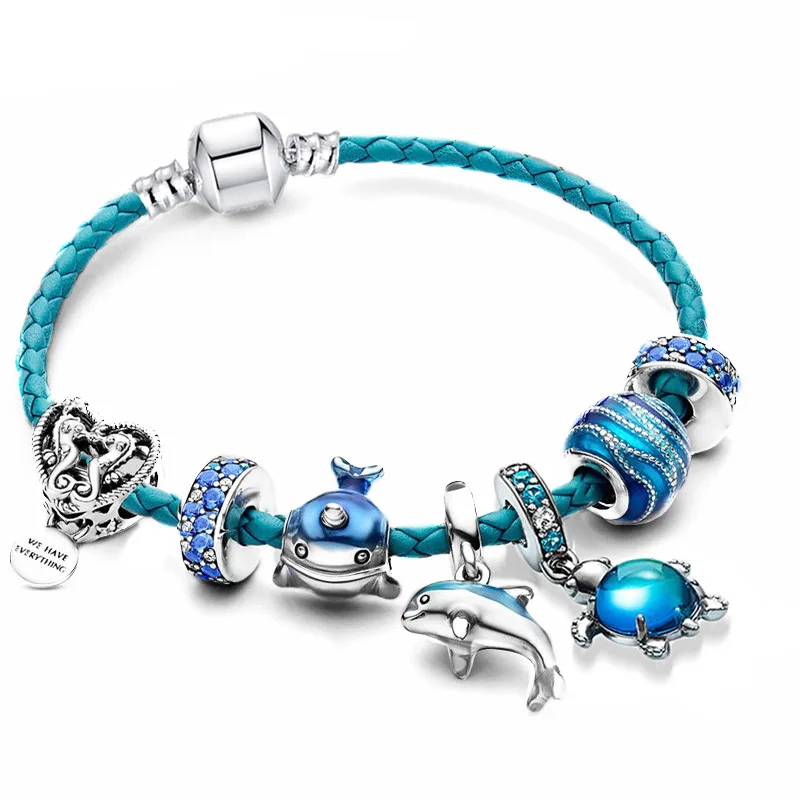 New blue sparkling narwhal charm dolphin turtle bead DIY bracelet accessory gift for men women and children