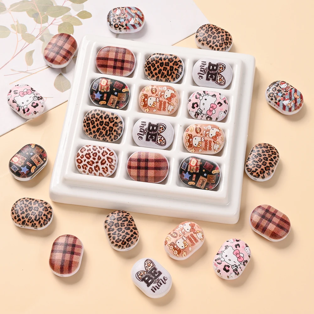 

30Pcs Sanrio Themed Oval Shaped Acrylic Bead KT Cat Print Focus Beads for DIY Baby Molar Bracelets Pacifier Chains