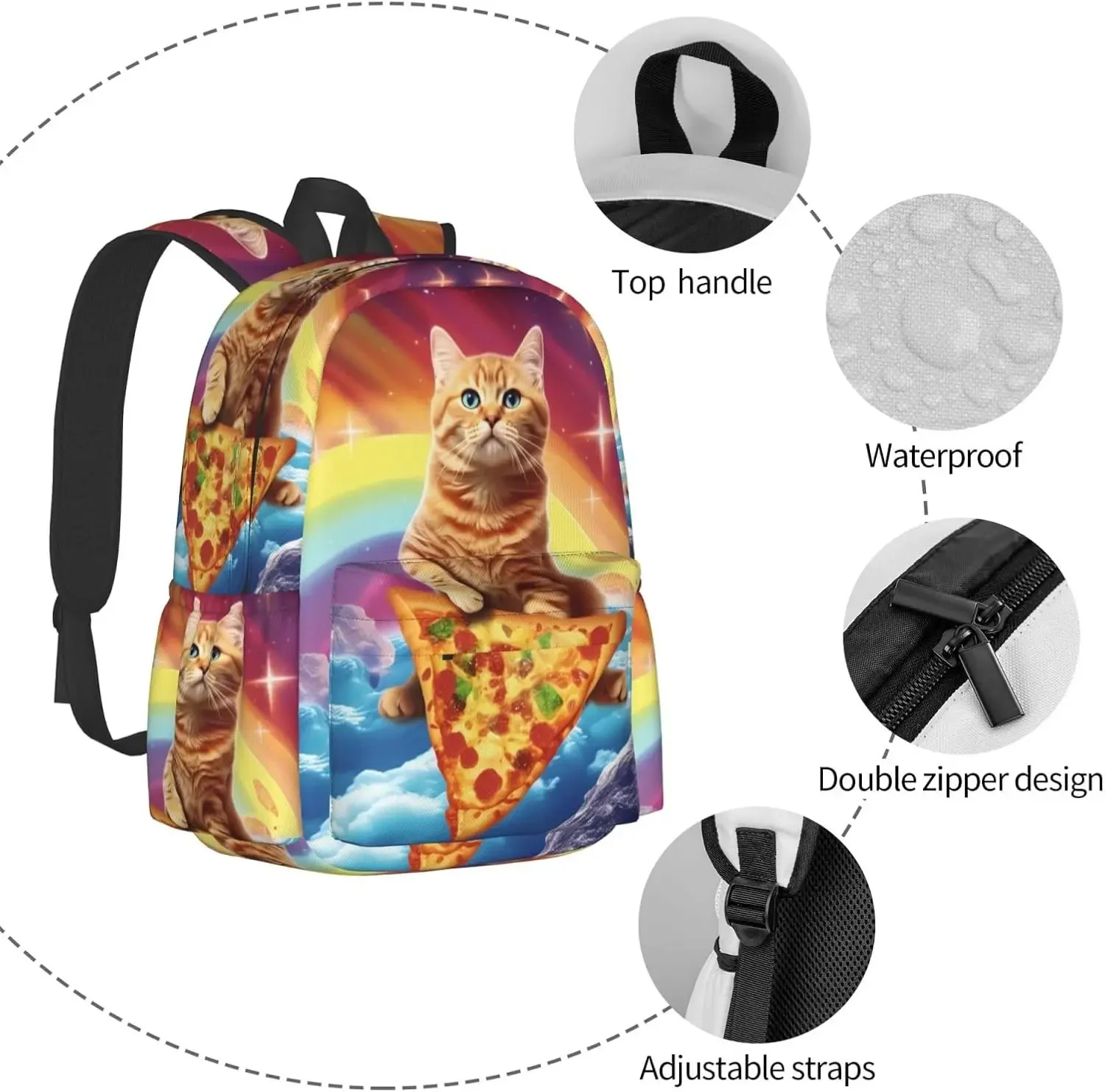 حقيبة ظهر مضحكة بيتزا كات قوس قزح حقيبة كمبيوتر محمول حقيبة كتف حقيبة كتب مدرسية حقيبة نهارية كاجوال للبنين والبنات