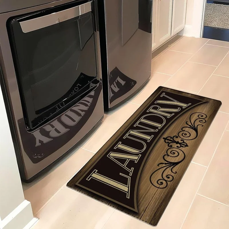 VIKAMA Retro Carved LAUNDRY Room Long Runner Rug Anti Slip Washable Laundry Area Mat Corridor Hallway Floor Carpet Decor