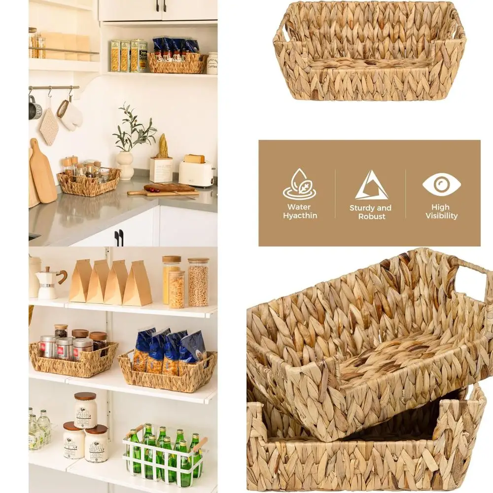 

Wicker Basket for Pantry Organizers and Storage, Stackable Water Hyacinth Storage Baskets for Pantry Shelves, 2-Pack