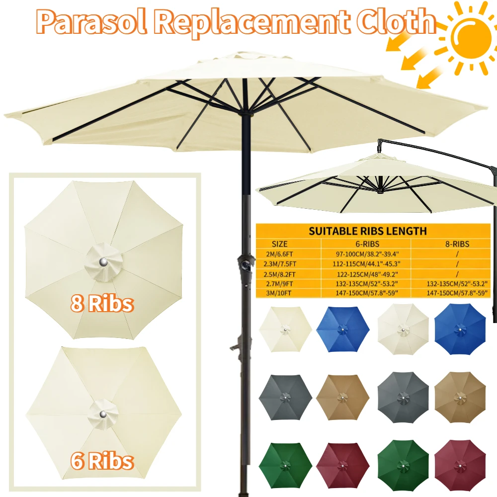 Housse de rechange pour parasol de jardin et terrasse, 2/2.3/2.5/2.7/3m, imperméable, pare-soleil, 6 ou 8 baleines