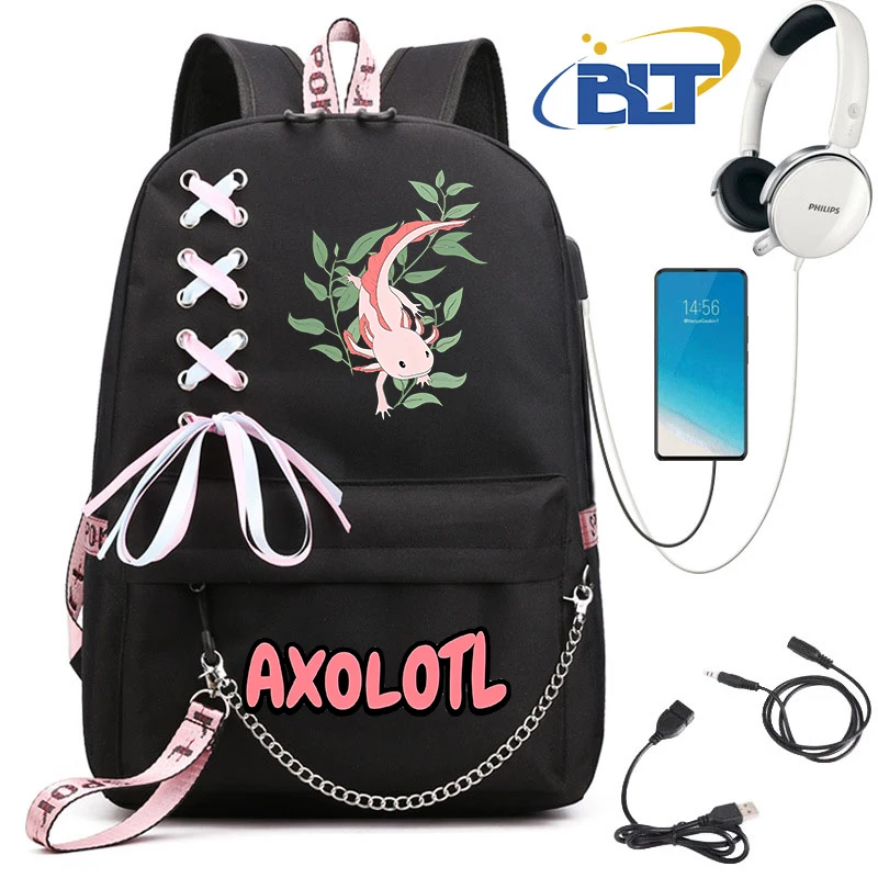 Simpatico zainetto per studenti stampato Axolotl per ragazze zaino nero borsa casual per bambini usb torna a scuola regalo