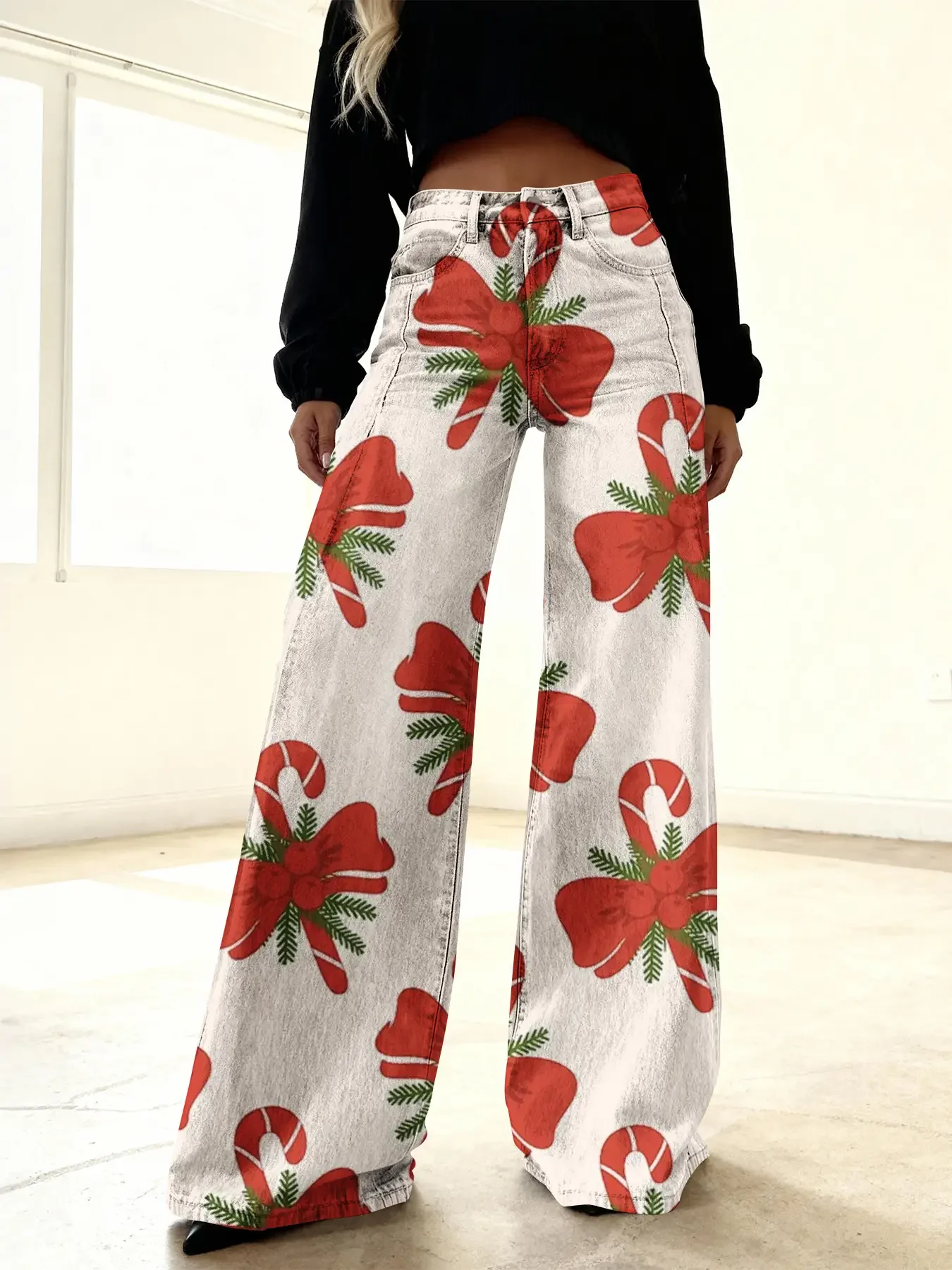 

2026 Christmas ladies' new printed retro jeans, imitation denim fabric, Extra large button crutch pattern